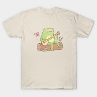 Cute Frog Playing Banjo On Wooden Log T-Shirt